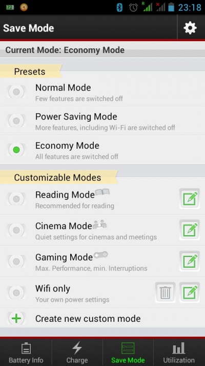 Personnalisation de Comodo Battery Saver - améliorer autonomie smartphone android