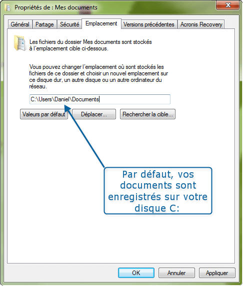 proprietes_mes_documents_par_defaut_w7 - déplacer documents partition